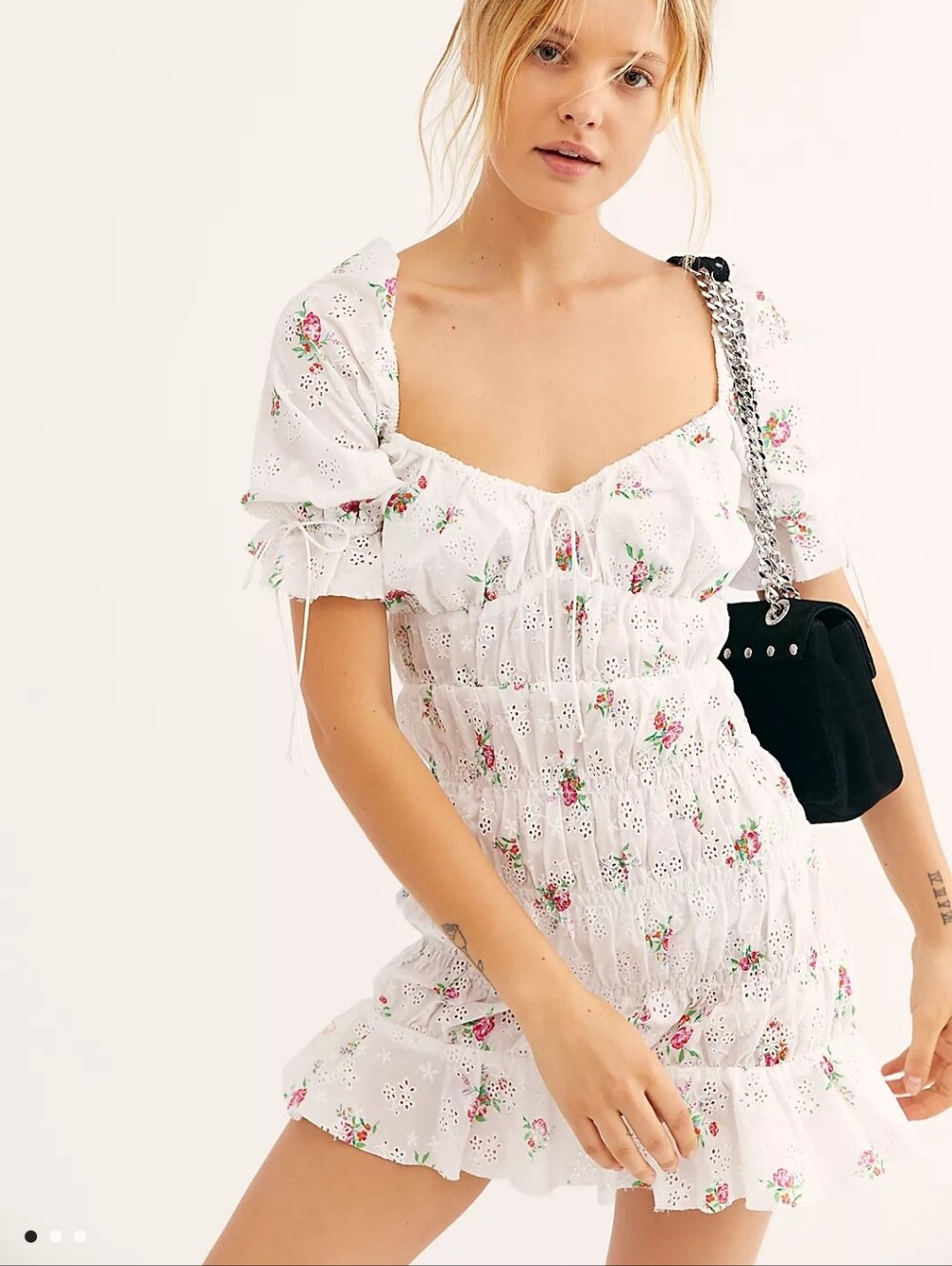 For Love & Lemons Tarte Eyelet White Red Floral Smocked Mini Dress XS